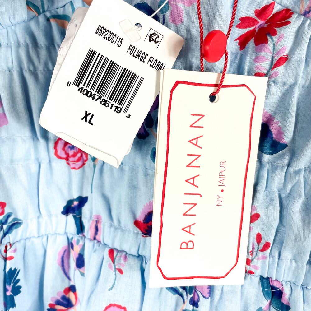 Banjanan Maya Dress Floral Misty Blue V-neck Midi Ruffle Cotton Sz XL - Picture 9 of 13